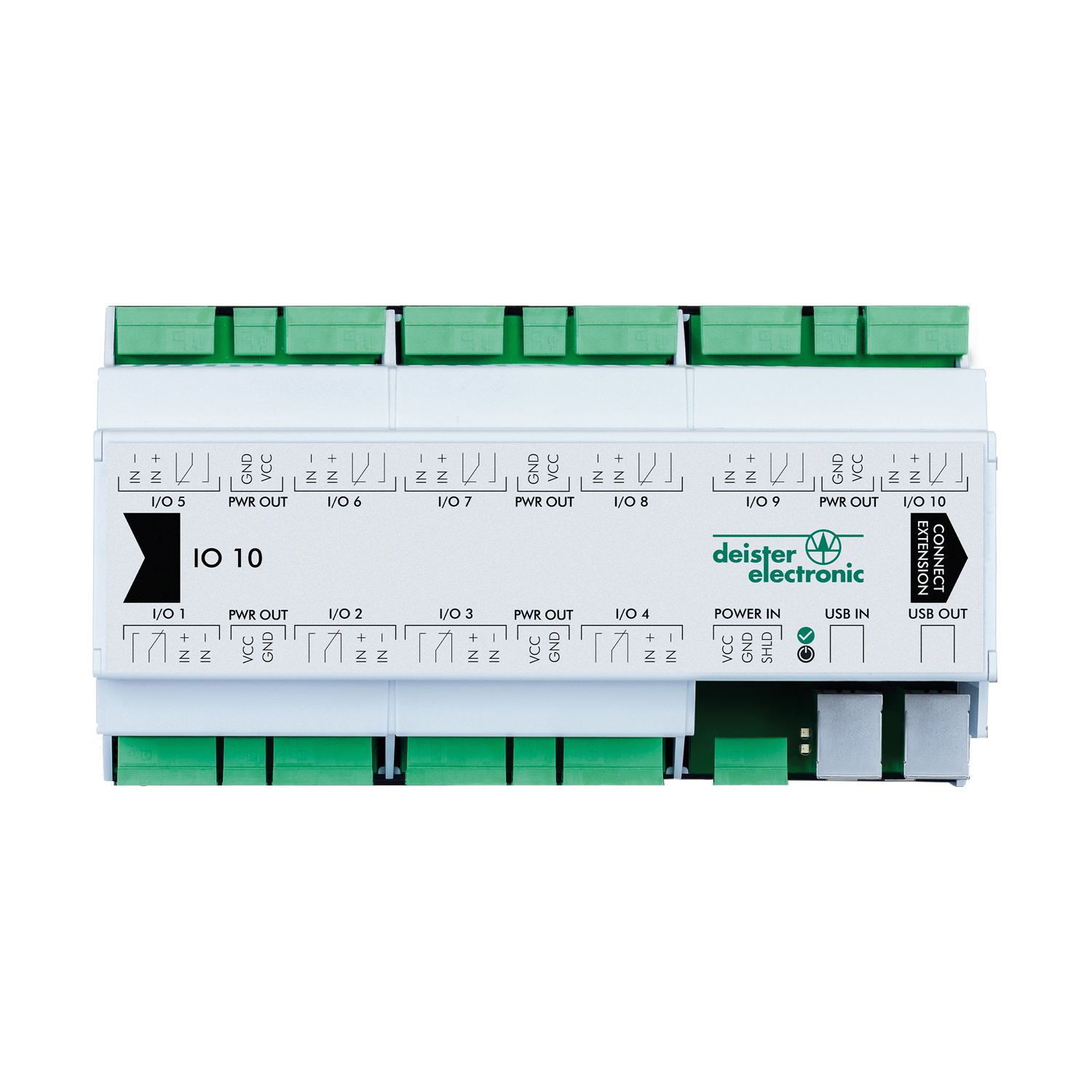 IO10 I/O-Erweiterungseinheit, DIN-Schiene
RS485 zu Controller, arbeitet mit OCU2, OCU8 und STC1

