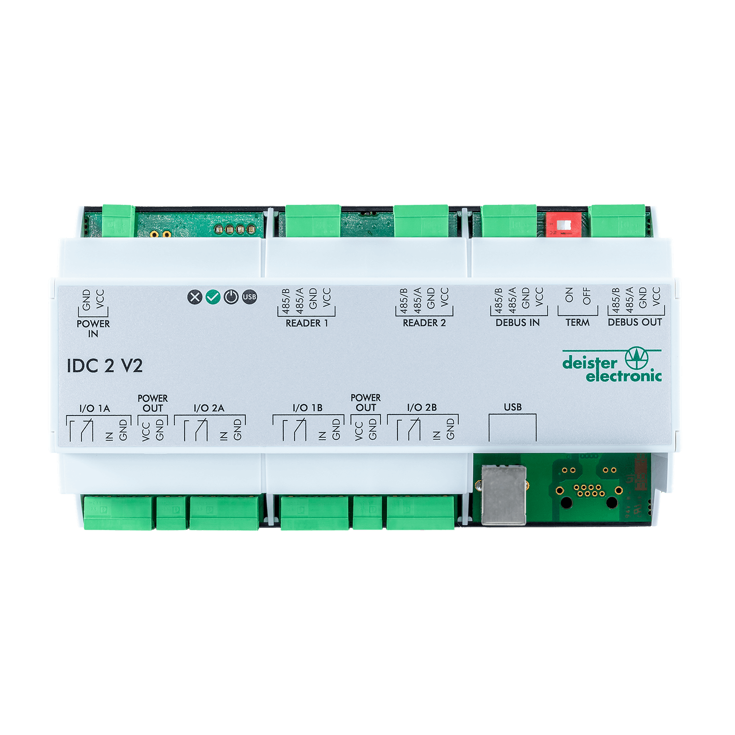 Controller IDC 2 V2  – zur Steuerung von RFID Lesern, mit deBUS Schnittstelle. Ansicht von vorn.
