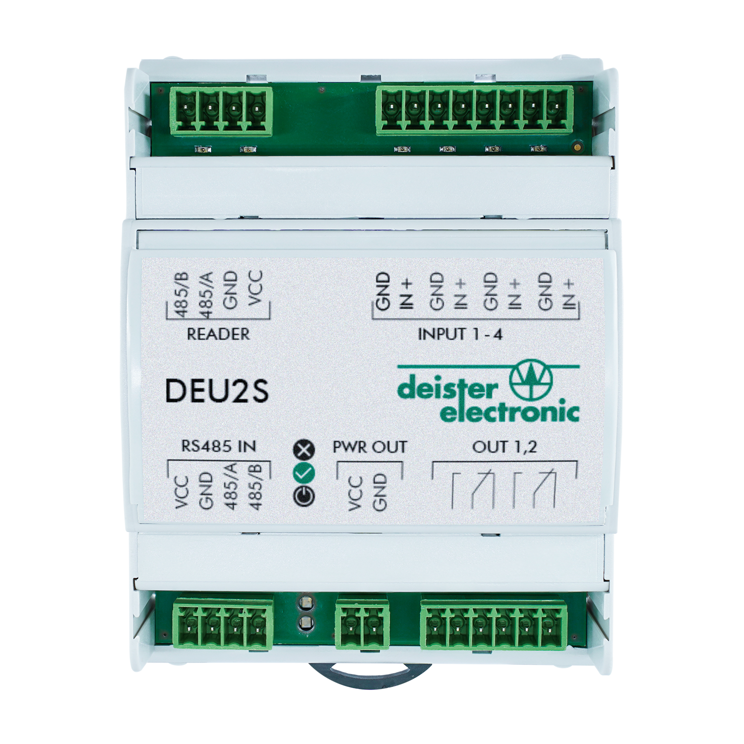 DEU2S 1-2 Türerweiterungseinheit, DIN-Schiene
RS485 zum Controller, funktioniert mit OCU2, OCU8 und STC1
